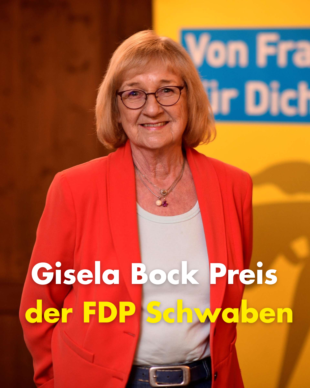 Benannt ist der Preis nach der Ehrenvorsitzenden der FDP Schwaben und ersten Generalsekretärin der FDP Bayern, Frau Gisela Bock.